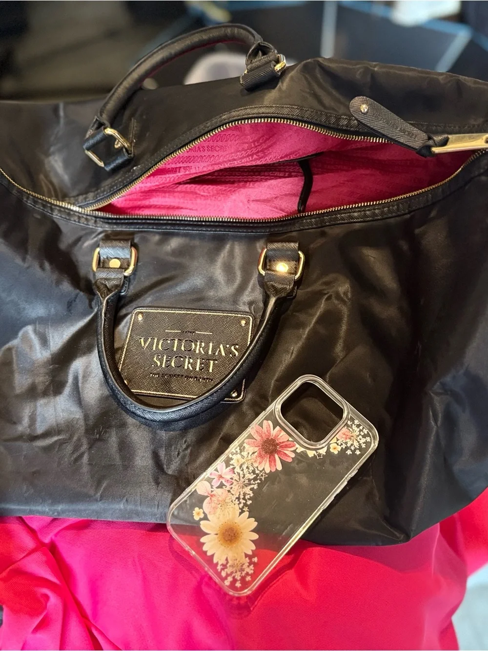 Victoria's Secret Black Weekender Duffel Bag with Pink Lining